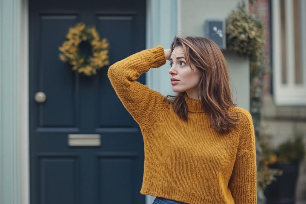 A confused woman standing in front of her house