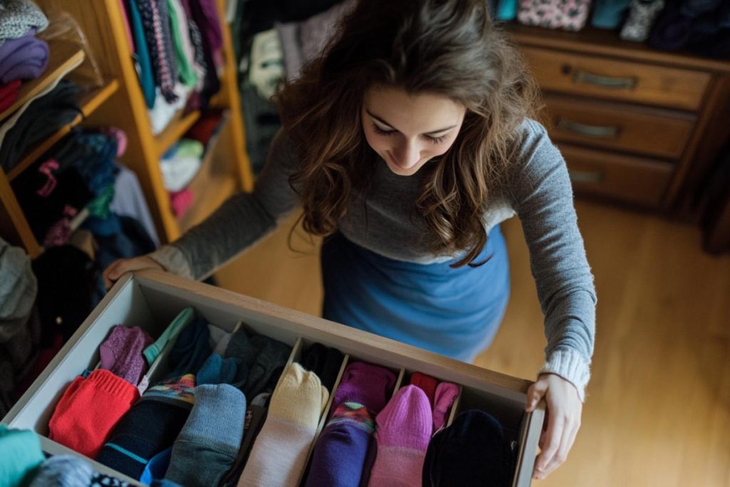 A woman in her 20s reorganizing her sock drawer