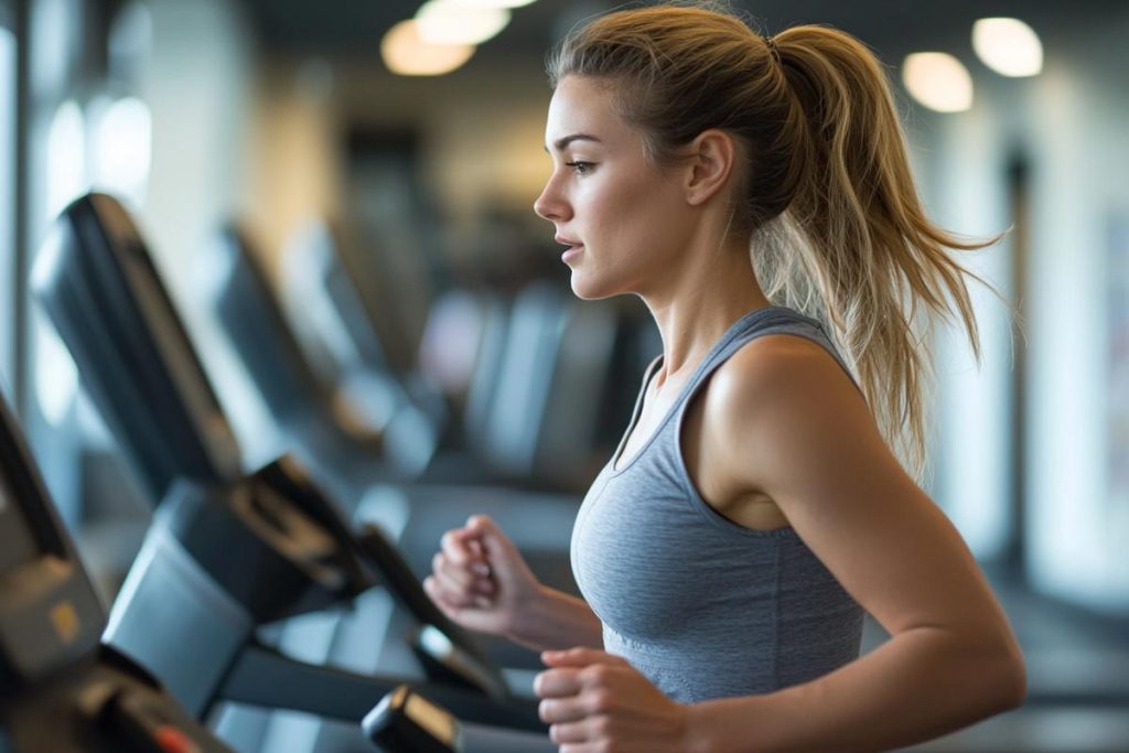 A woman in her 30s running on a treadmill in her local fitness center