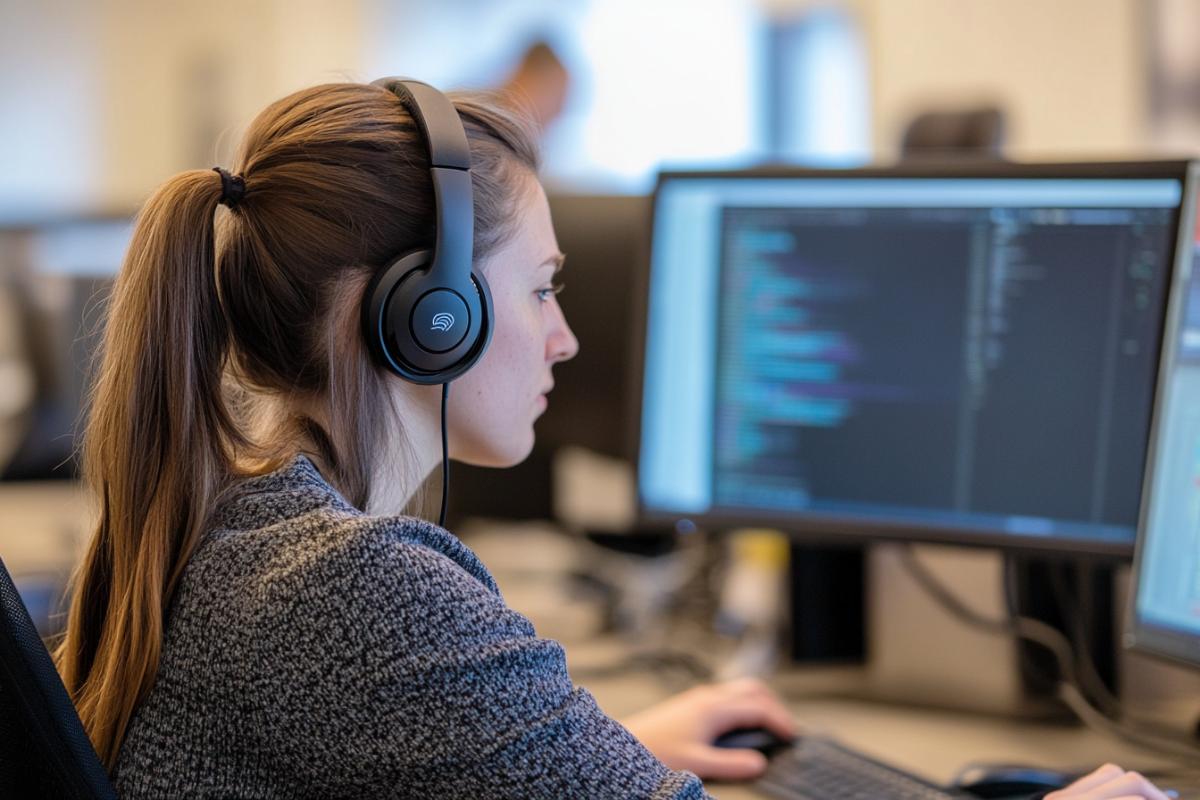 A young woman at work wearing noise cancelling headphones