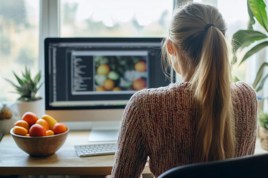 A young woman working in her home office with a bowl of fruit next to her