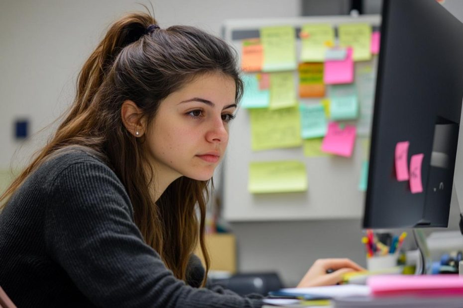 A young woman working on her computer with sticky notes in the background